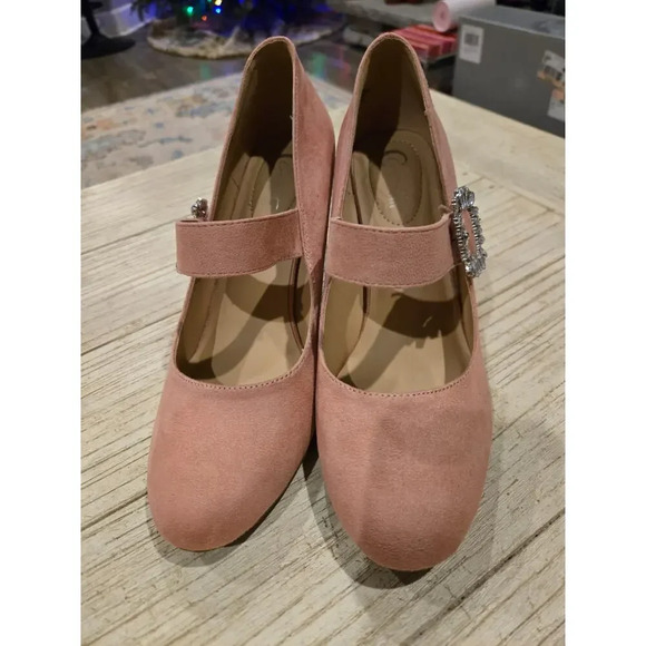 Pink Suede Mary Jane Rhinestone Buckle Pumps Women's 9.5/10 Party Cottage - Picture 2 of 9